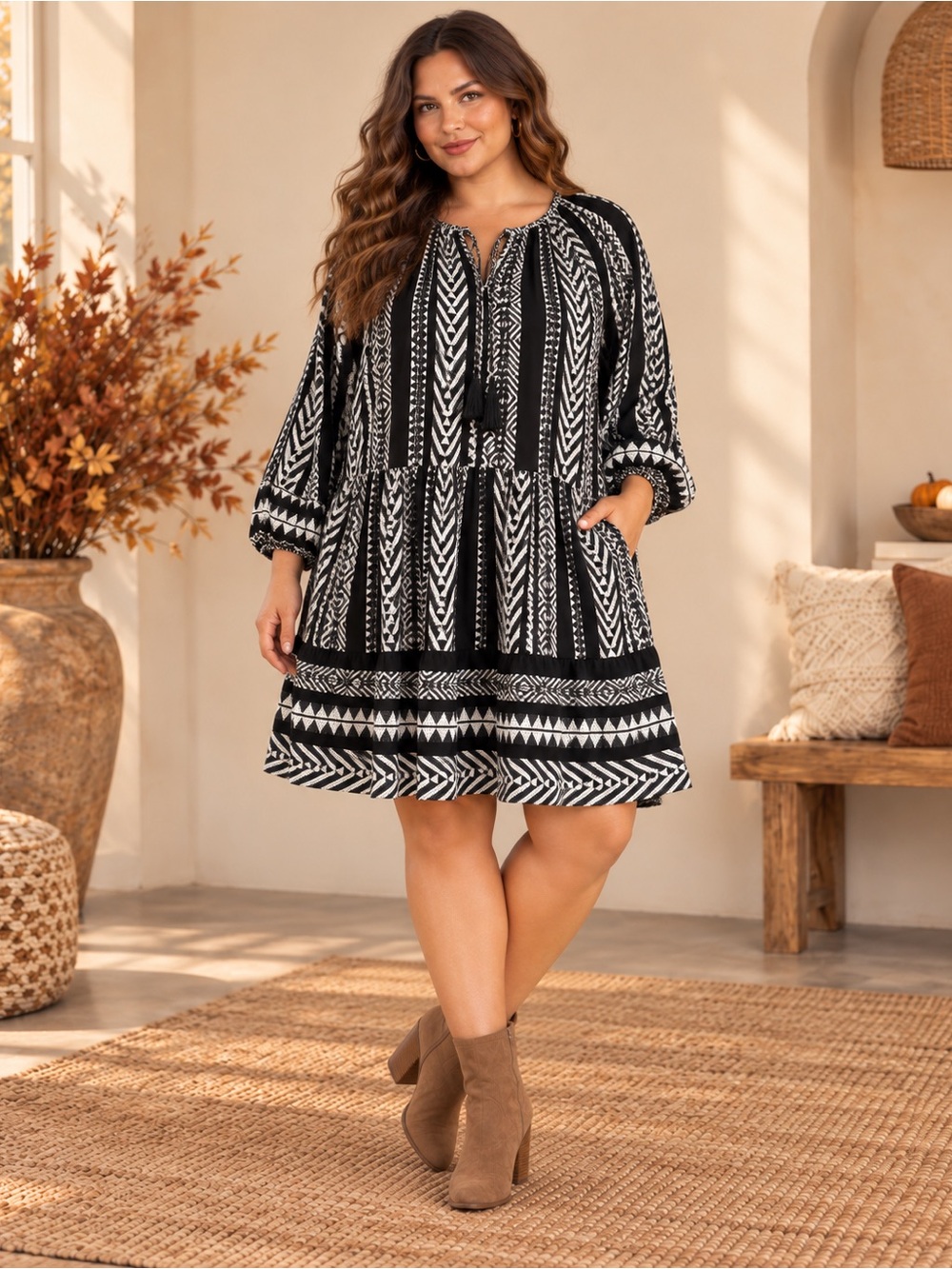 Anthropologie Maeve Dominique Dress 3X pockets Black White Boho folk coastal